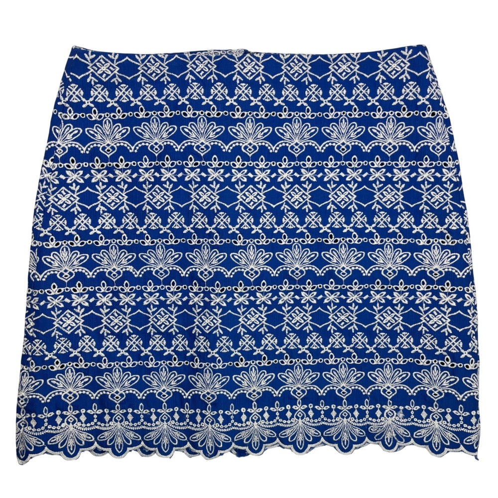 Boho Feminine Coastal Embroidered Mini Skirt Scalloped Blue White Size 4 Preppy